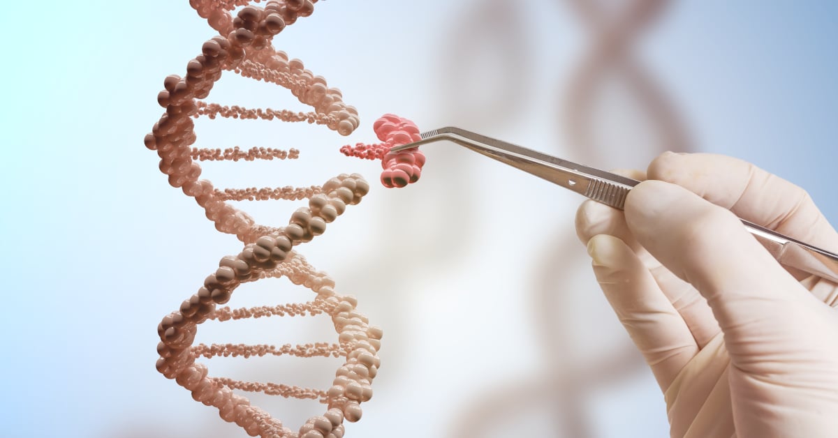 A closeup depiction of a gloved hand holding forceps, grabbing a cluster of red off of a strand of DNA.