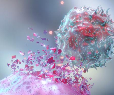 An artistic depiction of a red and blue cell bursting out of a larger fuchsia cell, leaving fragments of it floating around.