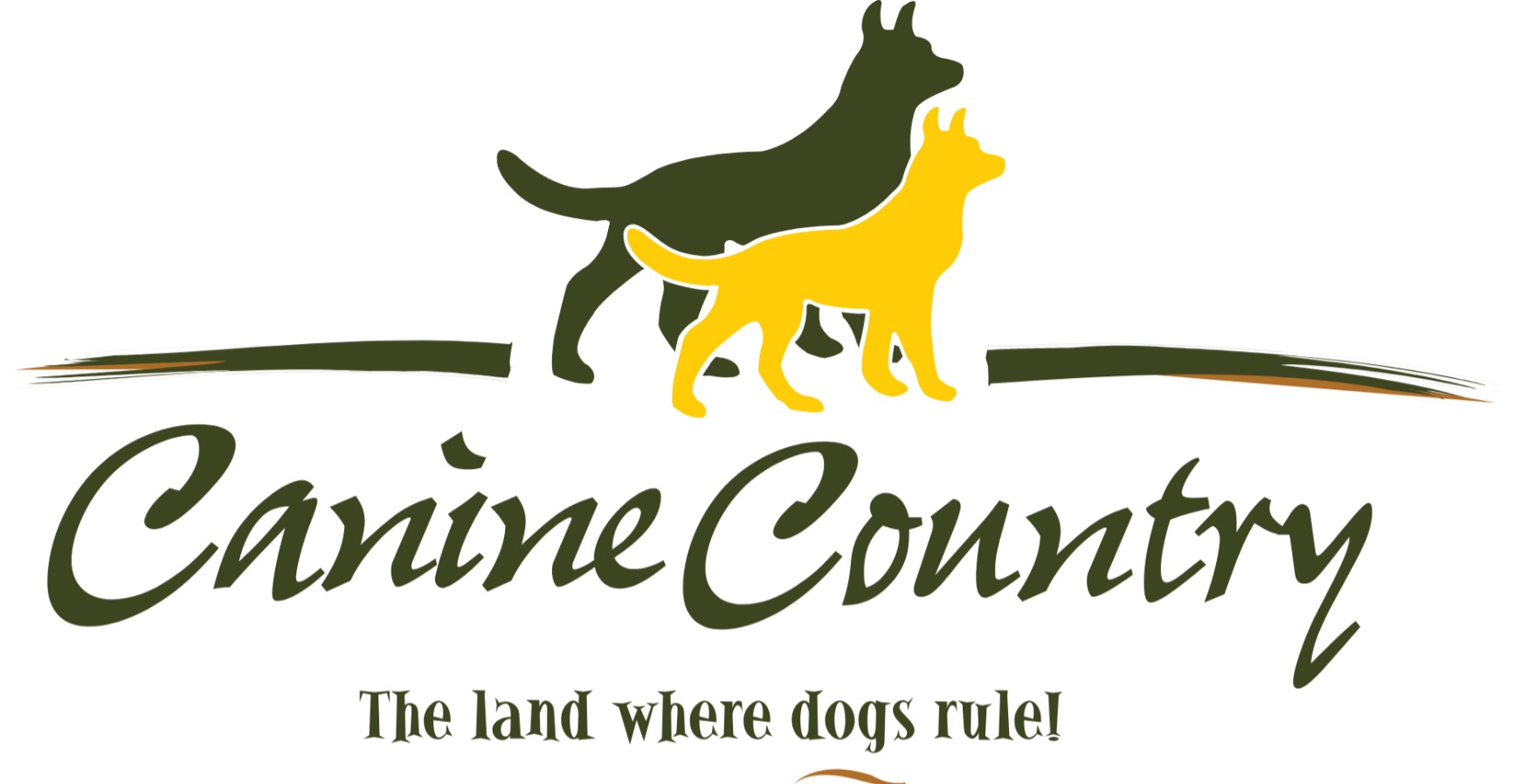 Canine Country Logo with two dogs in yellow and green and "The land where dogs rule!" message.