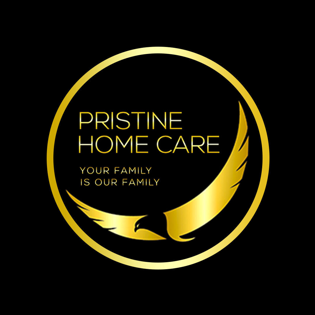 Logo for Pristine Home Care Your Family Is Our Family. Golden circle with a golden eagle inside it.