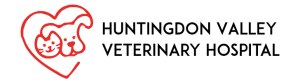 Huntingdon Valley Veterinary Hospital logo with a red heart with a cat's and dog's head inside it.