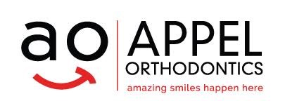 Appel Orthodontics Logo with AO and a curve underneath graphic and text: amazing smiles happen here 