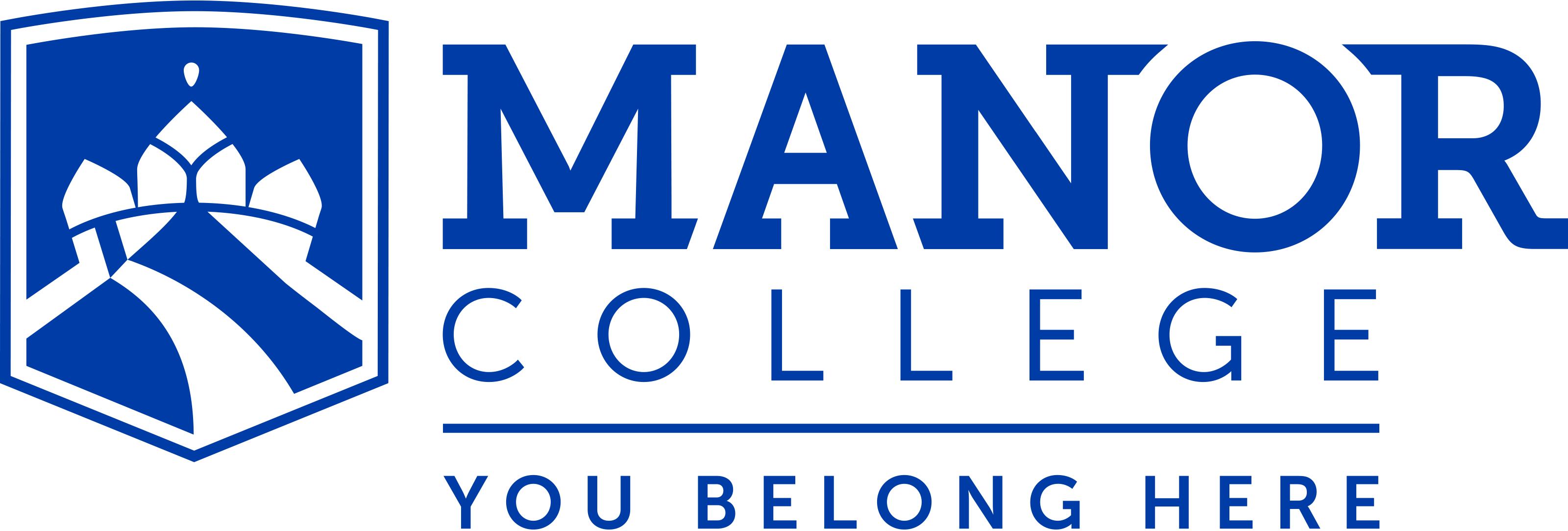 Manor College log with blue letters, blue and white picture and text Manor College you belong here