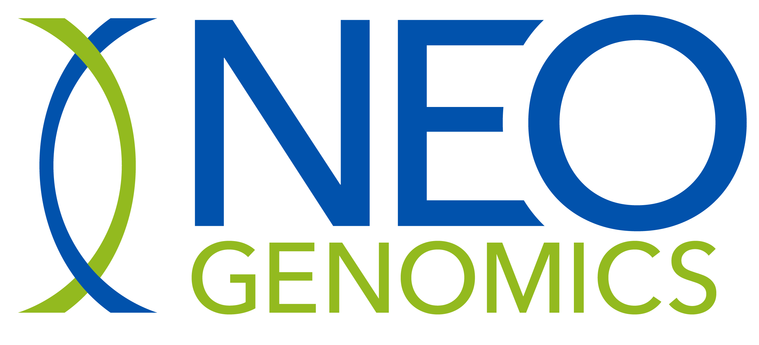 Neo Genomics Logo with blue and green letters and overlapping half ellipses 