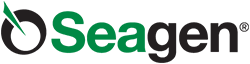 Seagen Logo in black and green letters and a circle with a point inside it