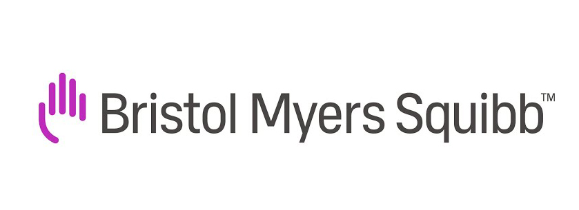 Bristol Myers Squibb logo with a purple outline of a hand