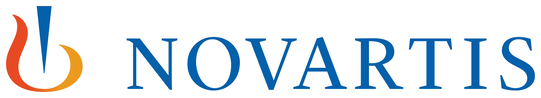 Novartis Logo in blue letters with a fire icon on the left