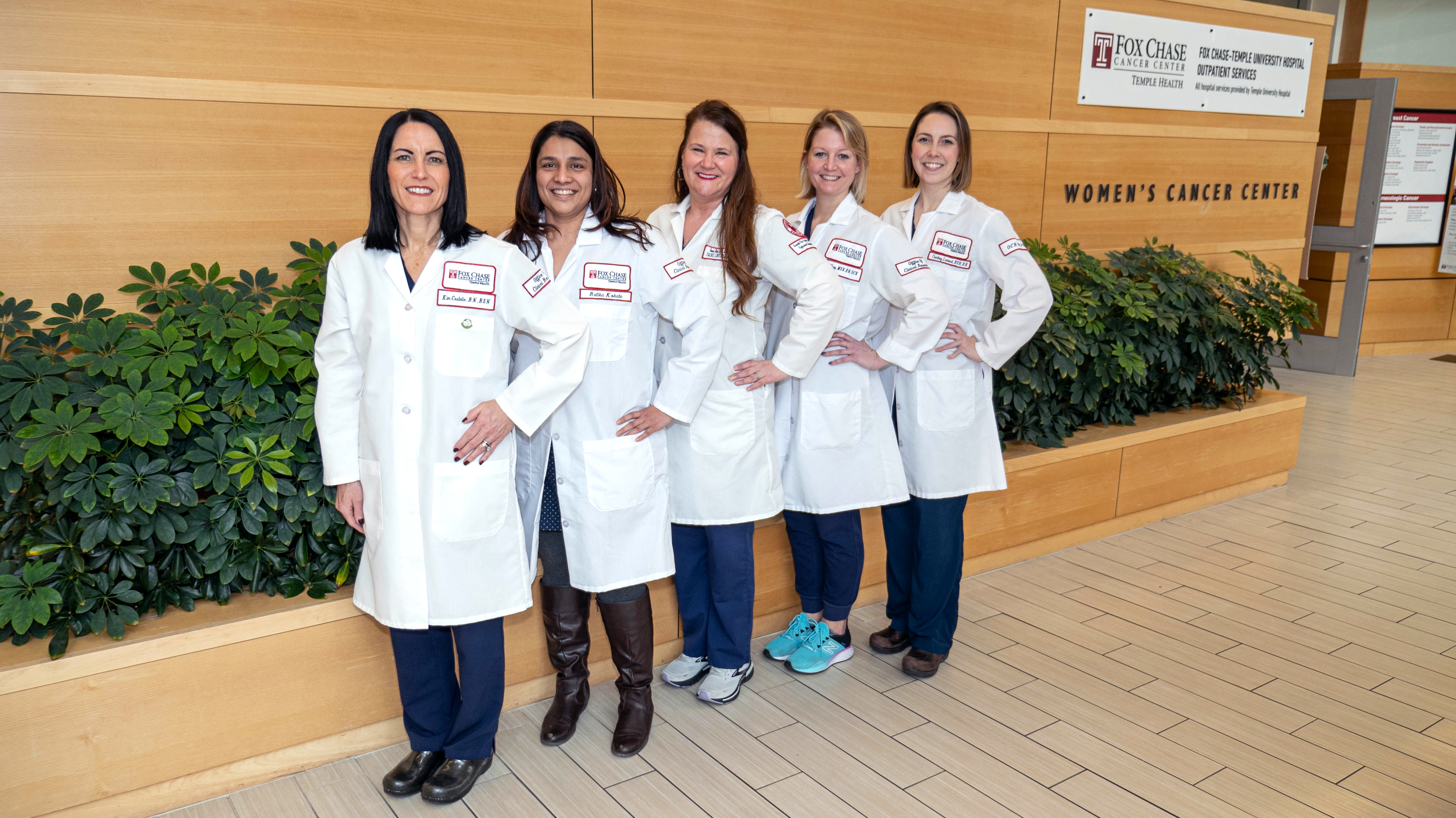 Susan Rux (center) joined by co-investigators (L-R) Kimberly Costello, Rutika Kokate, Kristin Virag and Courtney Lambert, members of the Office of Clinical Research at Fox Chase
