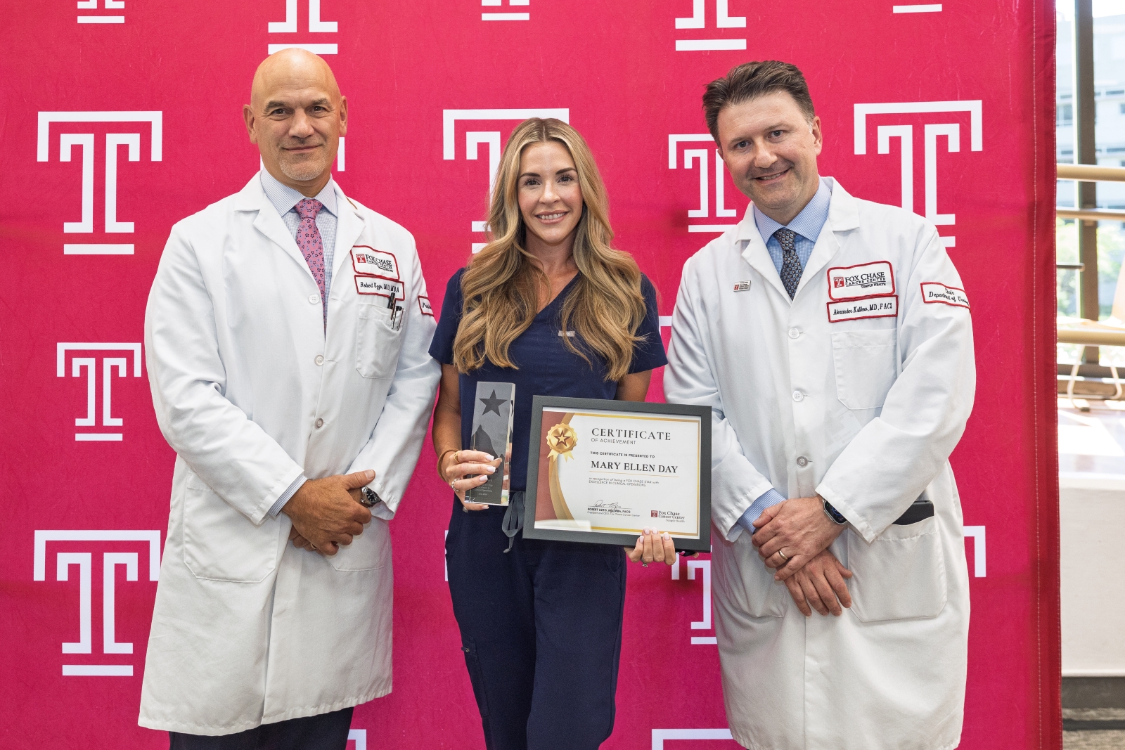 Mary Ellen Day, RN (center) with Robert Uzzo, MD, MBA, FACS (left), and Alexander Kutikov, MD, FACS