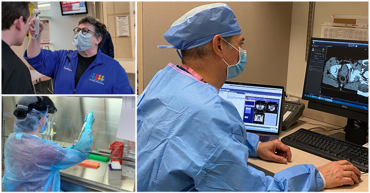 A collage of photos showing medical professionals looking at medical imaging results, taking temperatures, and working in a lab.