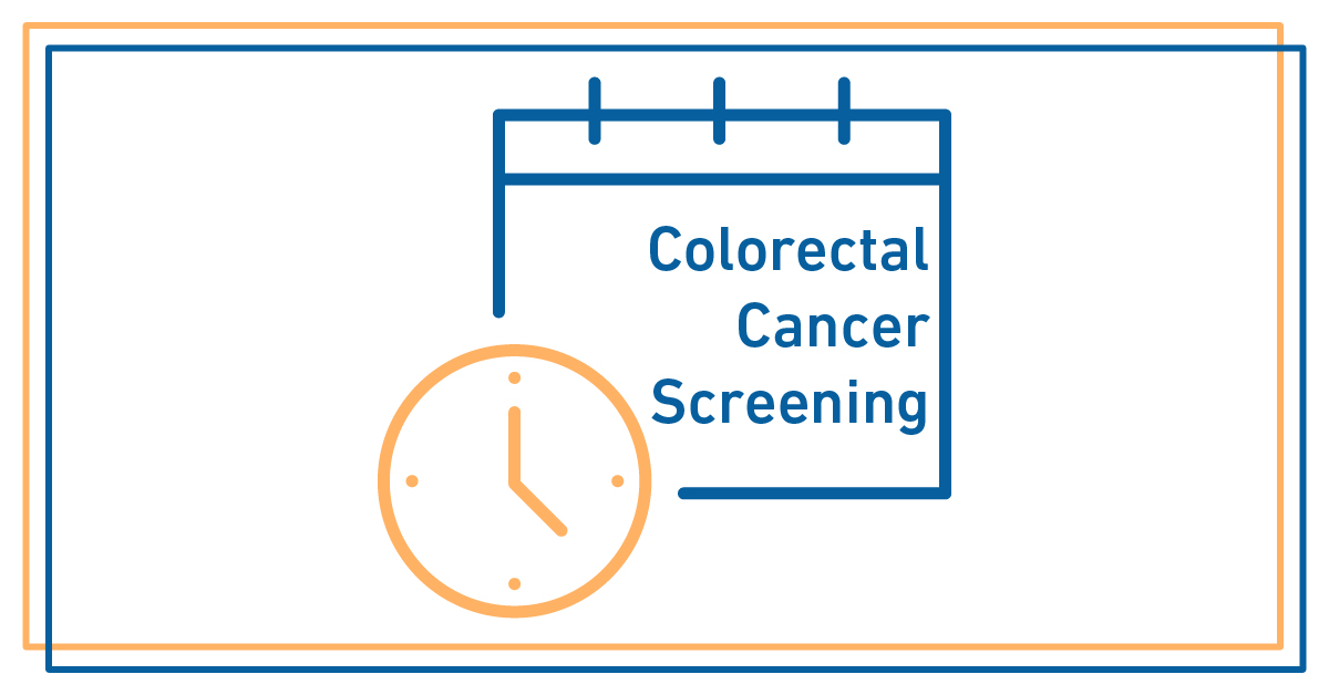 Line art of a clock overlapping a calendar with the words "Colorectal Cancer Screening" written on it.