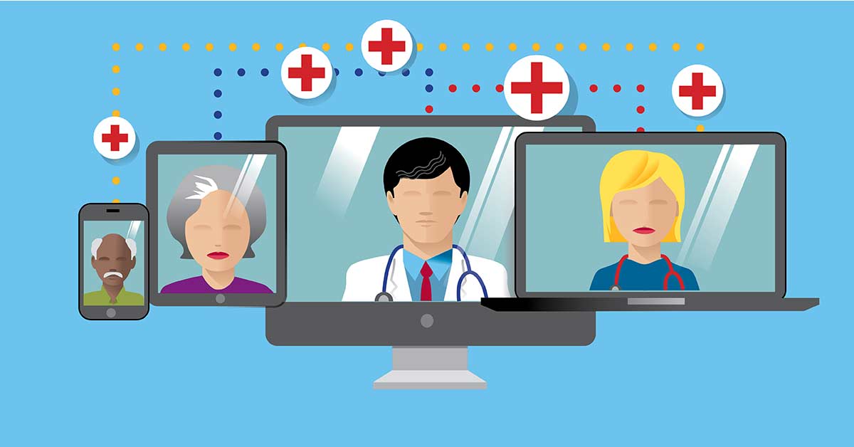 A blue diagram showing a connection between various medical professionals on different screens.