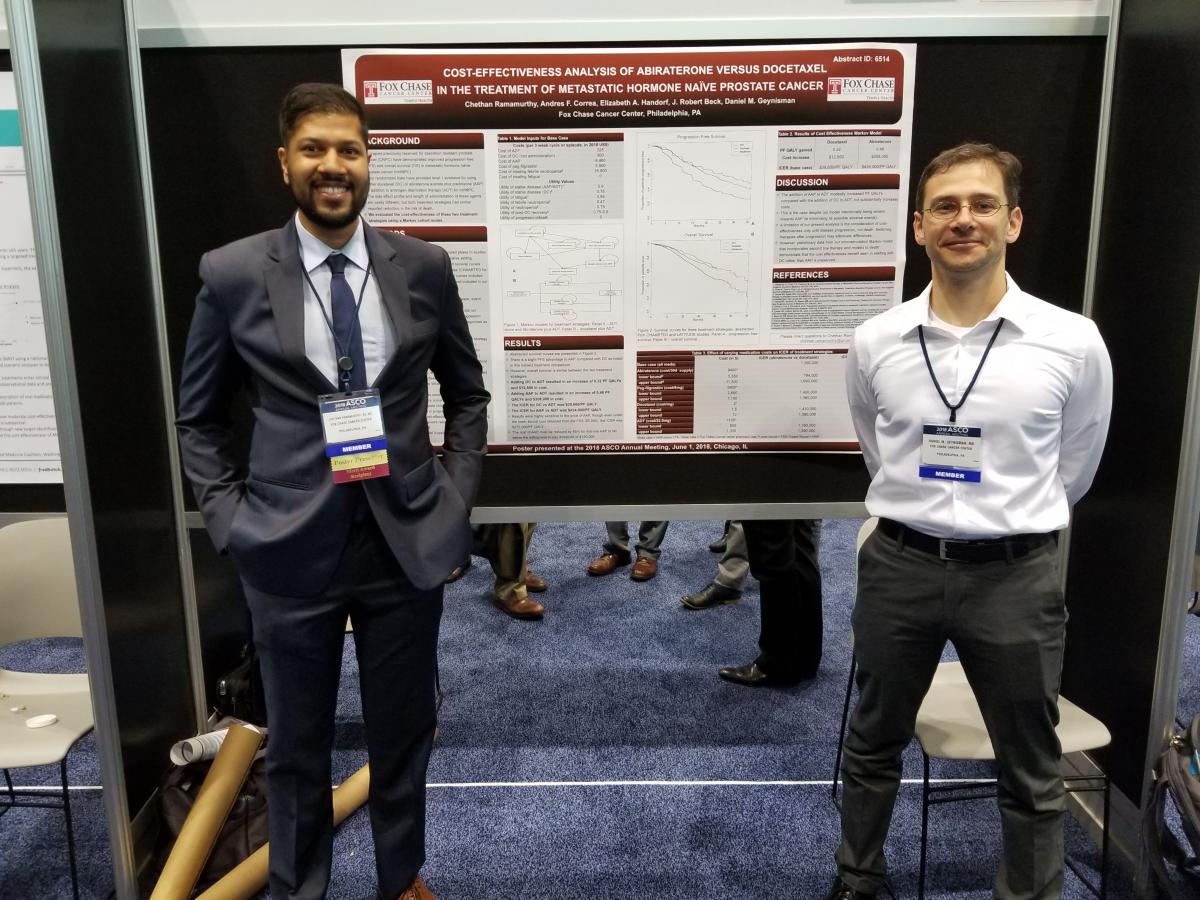 Graduating Fellow Chethan Ramamurthy, MD, and his mentor Daniel Geynisman, MD, at ASCO in 2018 presenting Chethan's merit award poster. Photo courtesy of: Elizabeth Plimack