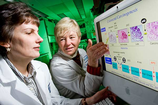 Margie Clapper (left), deputy chief science officer, and Mary Daly (right), director of the Risk Assessment Program, discuss the genesis of colorectal cancer in this 2009 photo.