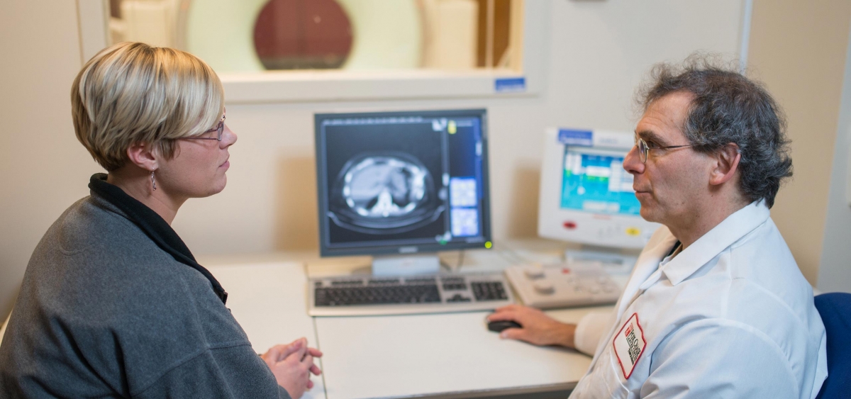 As professor and vice chair of diagnostic imaging, Barton Milestone (right) has a treatment focus on cross-sectional imaging, specifically ultrasound, CAT scan, and MRI.