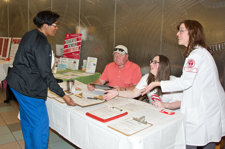 Pictured, from left: Ophelia Harling, employee, Scott Parker, patient, Courtney Maldonado, patient, Barbara Ebersole, Assistant Director of the Temple Health/Fox Chase Head & Neck Institute