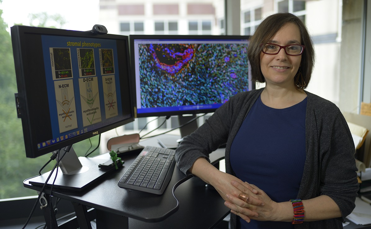 A photograph of Edna Cukierman sitting in front of two computer monitors at her desk, turning to smile at the camera.