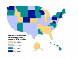 Percent of adolescent girls who received 3 doses of HPV vaccine. (courtesy of the National Cancer Institute)