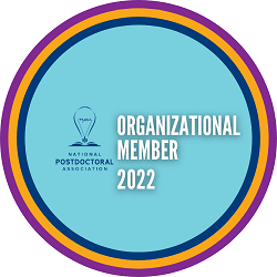 A blue circle with colorful borders reading "National Postdoctoral Association, Organizational Member 2022."