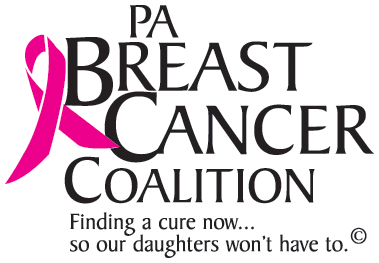 A logo that reads "PA Breast Cancer Colation, finding a cure now so our daughters won't have to," with a pink breast cancer ribbon in the top left corner.