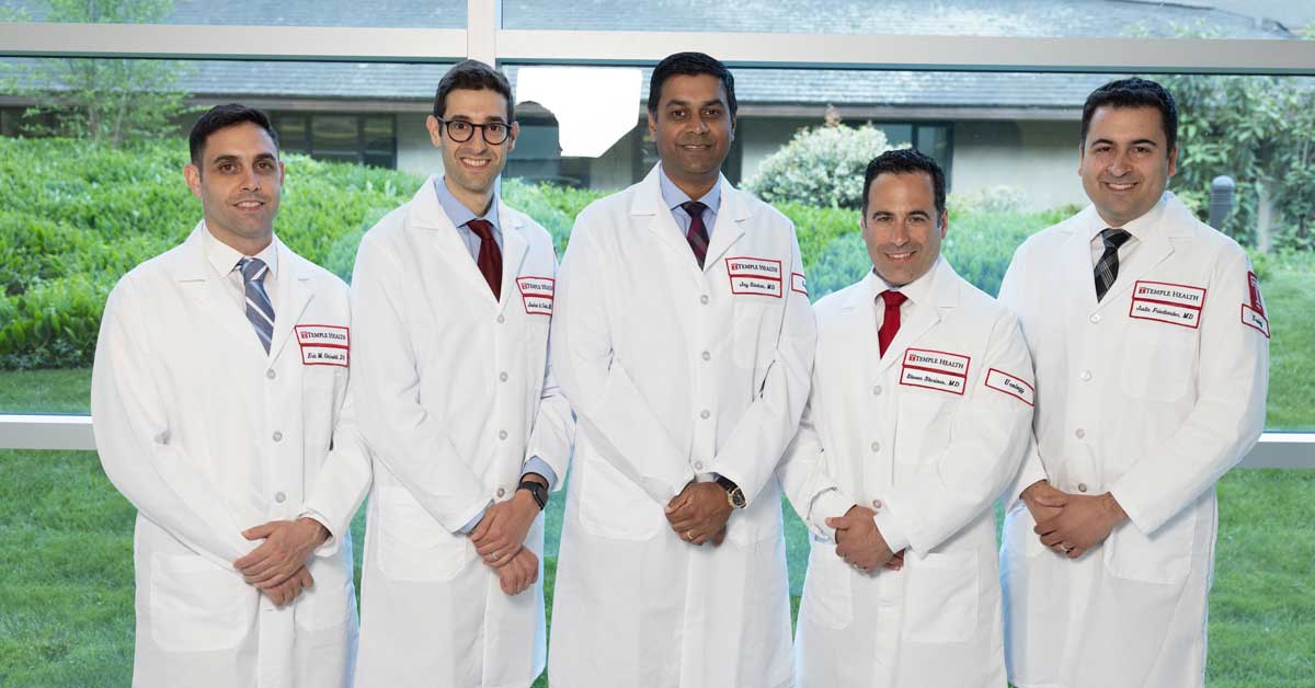 Five urologist specialists recently join Fox Chase Cancer Center. From left to right: Eric M. Ghiraldi, DO, Joshua Cohn, MD, FPMRS, Jay Simhan, MD, FACS, Steve Sterious, MD, FACS, and Justin I. Friedlander, MD