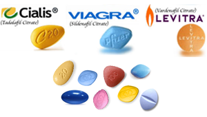 A photo of various medications for erectile dysfunction, including Cialis, Viagra, and Levitra.