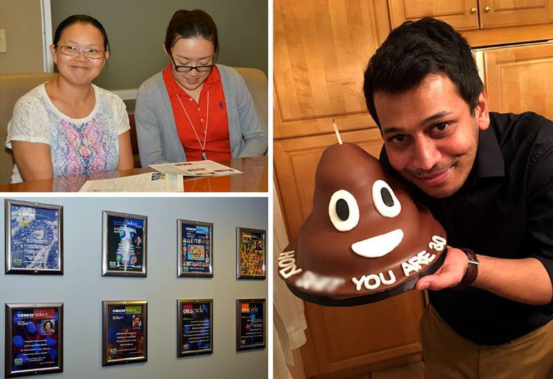 Top left, Lanlan Zhou and Shuai Zhao. Bottom left, Journal Covers displayed outside the El-Deiry lab. Right, Prashanth Gokare pictured with his birthday cake.