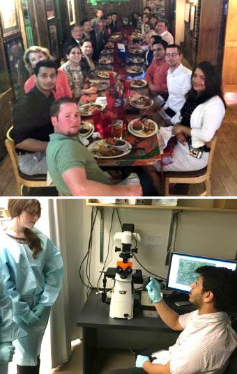 Top, The El-Deiry Community at AACR 2016. Bottom, Prashanth Gokare discusses lab techniques with visiting students from Philadelphia.