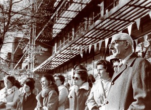 The Institute for Cancer Research joined forces with American Oncologic Hospital in 1974 to form Fox Chase Cancer Center. Employees watch the groundbreaking for the structure now called the Center Building, which would physically connect the two entities.