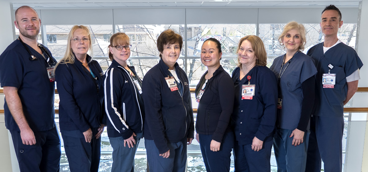 Left to Right: John Toner III, RN (PACU); Susan Burke, RN (PATs); Joni Voltmer, RN (PREOP); Candy Kehoe, RN (PACU); Julie Dameus, RN (Clinical Manager); Elaine Kemp, RN (PAT); Caroline McIntyre, RN (PACU); John Donohue, RN (PREOP)