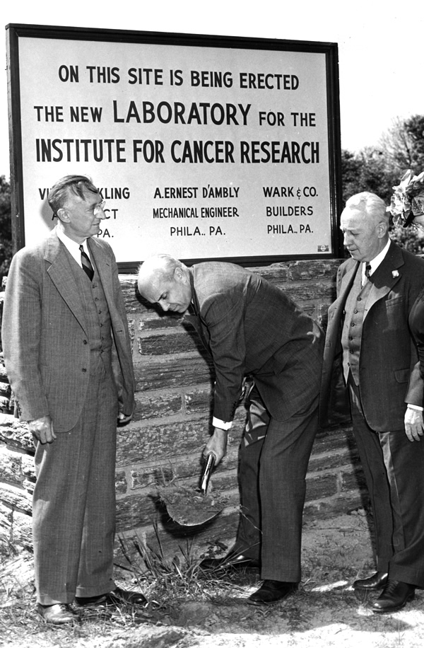 Groundbreaking on the Institute for Cancer Research, 1947. Stanley Reimann (left). Philip T. Sharples, a trustee of Jeanes Hospital and the first president of the institute, holds the first shovelful of dirt. The ICR became the research arm of Fox Chase.