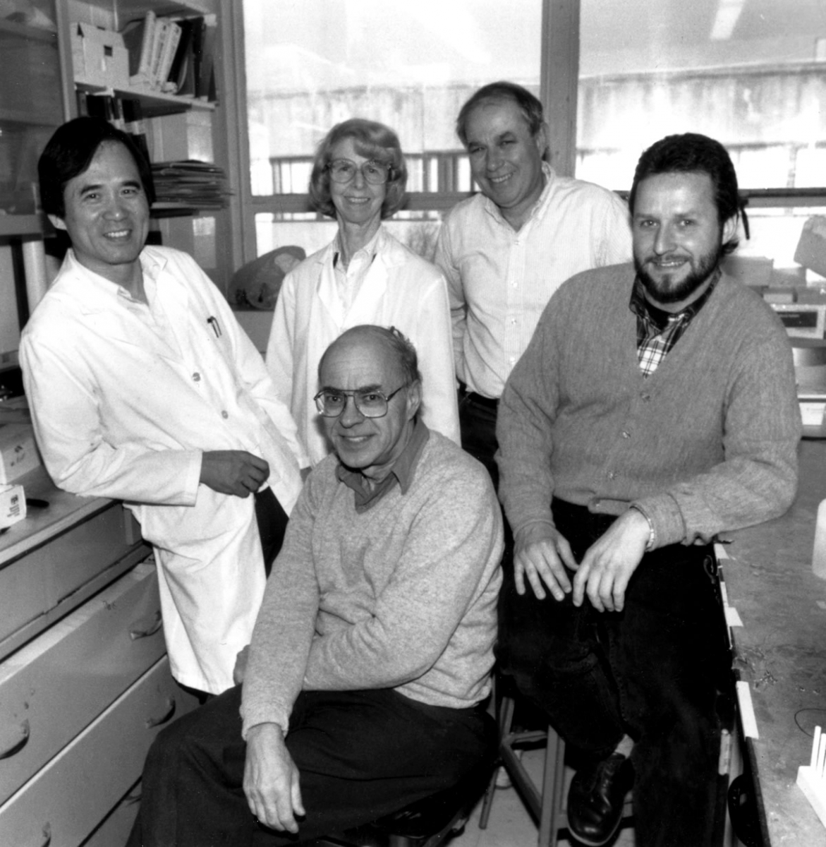 The lab of former Fox Chase investigator Irwin A. “Ernie” Rose (front center) in the late 1970s. Avram Hershko stands in the back row, third from left. Photo by: Fox Chase Archives