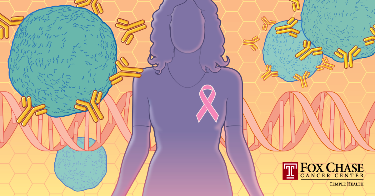 An artistic depiction of a feminine purple silhouette with a pink ribbon on her chest, surrounded by floating cells and DNA.