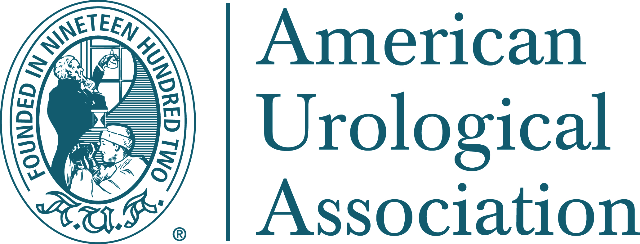 The teal logo for the American Urological Association, an oval with line art inside and the words "Founded in 1902" around it.