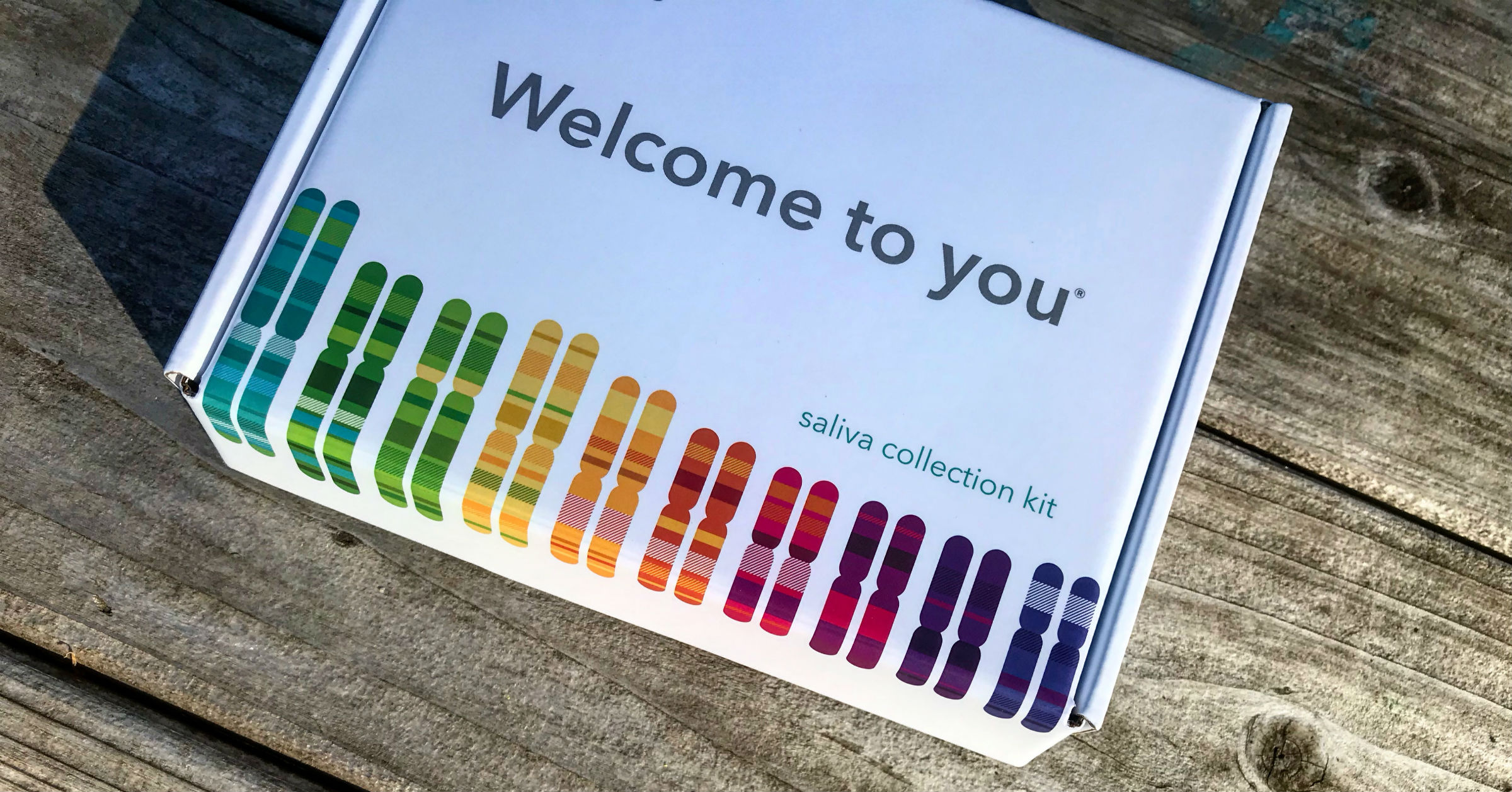A photo of a white box with a rainbow of chromosomes along the bottom edge with the words, "Welcome to you" in the center.