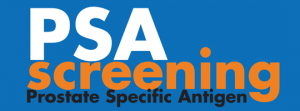 A blue poster with white, orange, and black text reading, "PSA Screening, Prostate Specific Antigen."
