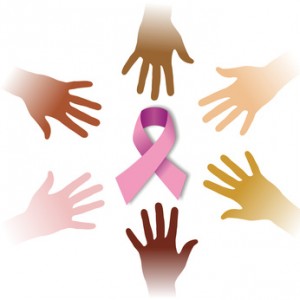 Art of six hands of varying skin tones reaching from the outside of the picture towards a pink ribbon in the center.