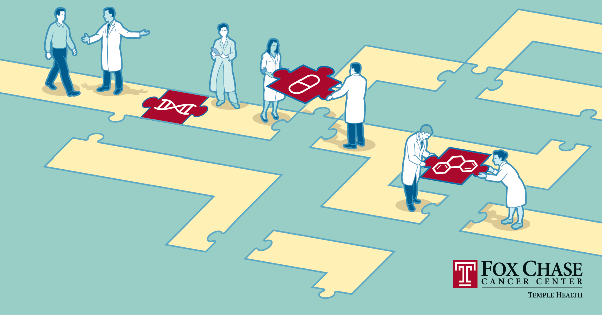 A drawing of several people helping place puzzle pieces of DNA, medicine, and molecules to connect intersecting yellow paths.