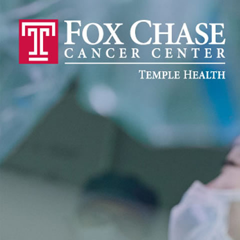 A blurred photograph of a doctor's face looking up, with the Fox Chase Cancer Center logo in the forefront.