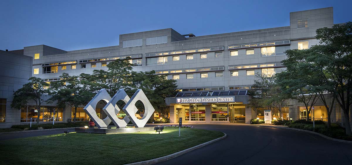 Fox Chase Cancer Center patient entrance, West Building, dusk