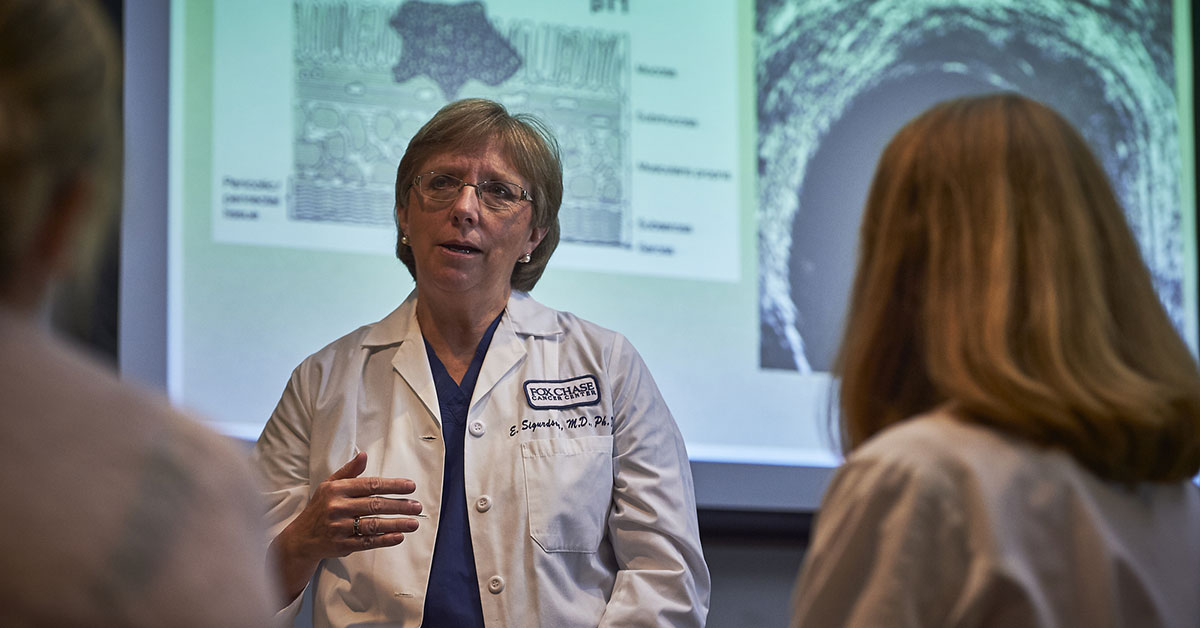 Surgeon Elin R. Sigurdson presents regularly at tumor boards. A tumor board is a meeting made up of specialized doctors and other health care providers who regularly gather to discuss cancer cases that are unusual and/or challenging.