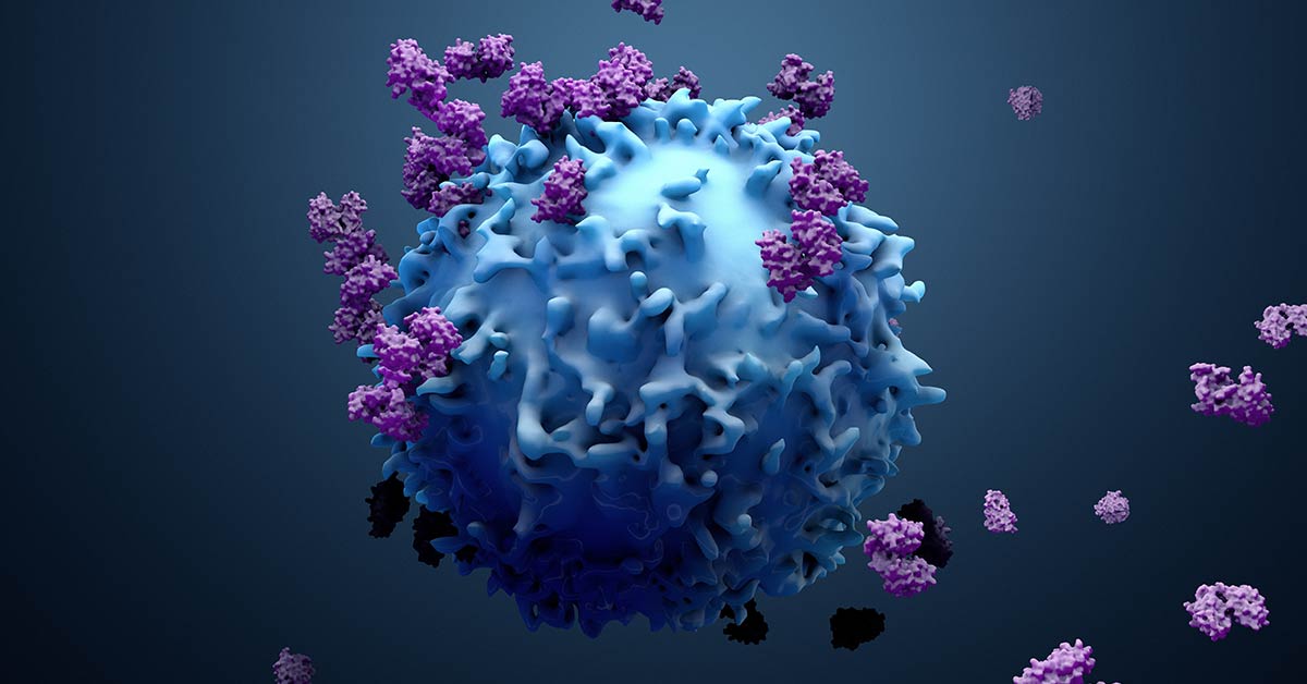 A 3D representation of a virus in blues and purples.