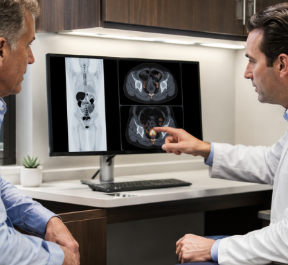 A doctor discusses a CT scan with a patient during a medical consultation.
