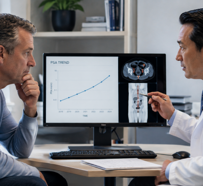 A doctor discusses a rising PSA trend and prostate imaging results with a patient during a consultation.