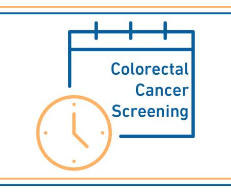 Line art of a clock overlapping a calendar with the words "Colorectal Cancer Screening" written on it.