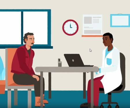 A drawing of a doctor sitting across from a patient at a table in an office, using a laptop.