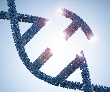 A backlit digital representation of DNA made of small blue dots.
