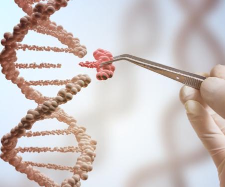 A closeup depiction of a gloved hand holding forceps, grabbing a cluster of red off of a strand of DNA.