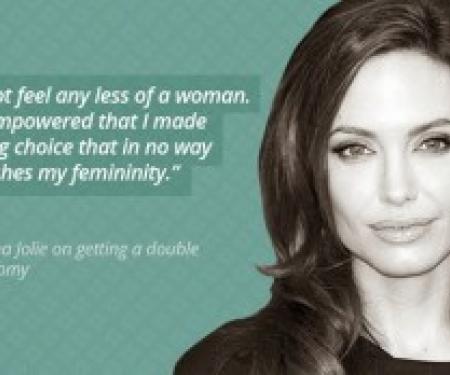 A black and white cutout of Angelina Jolie on a jade background talking about her double mastectomy.