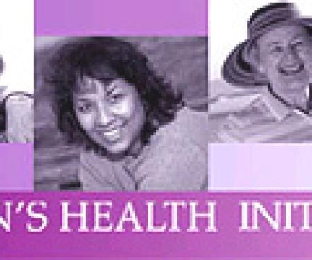 A purple hued collage with several photographs of smiling people, and the words "Women's Health Initiative" underneath.